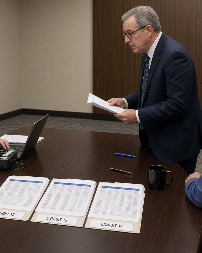 A lawyer standing to question a witness at a deposition table, Exhibits 12, 13 and 14 laid out in front of him