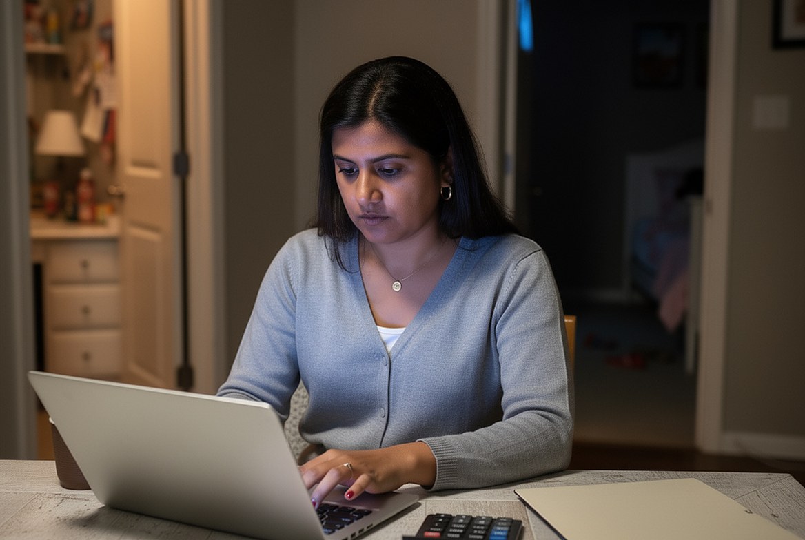 A mother at the kitchen table late at night, running the numbers on her laptop with a pay stub and a calculator, her child&rsquo;s bedroom door ajar