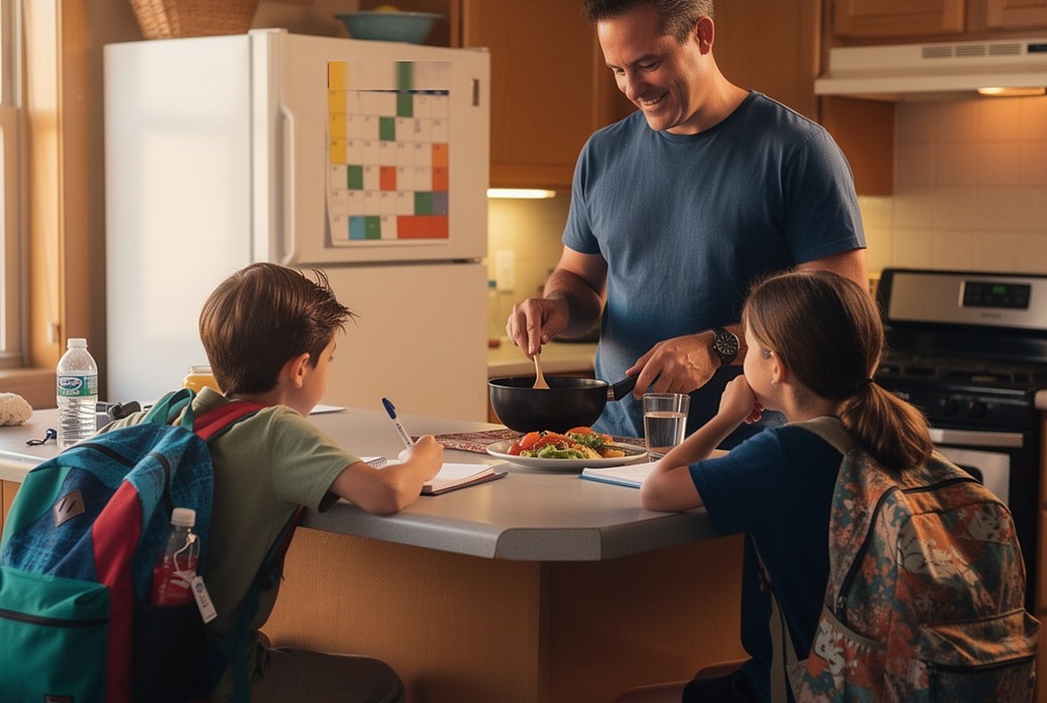 A father cooking dinner for his two children at the kitchen counter on a school night, homework open, backpacks still on