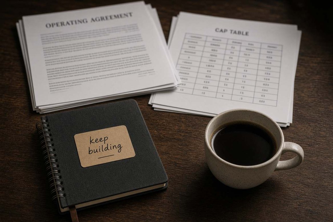 An operating agreement and a capitalization table on a dark conference table beside a notebook and a cup of coffee