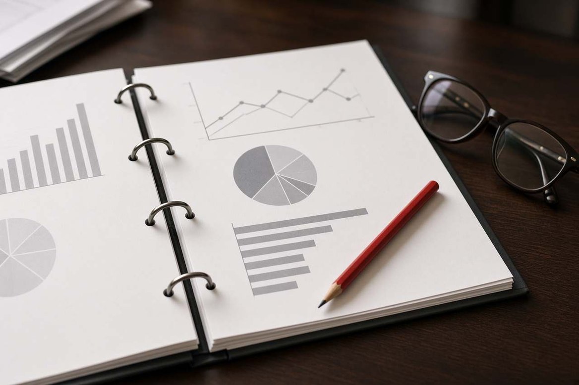 An open binder of valuation charts and schedules, a red pencil and reading glasses on a dark desk