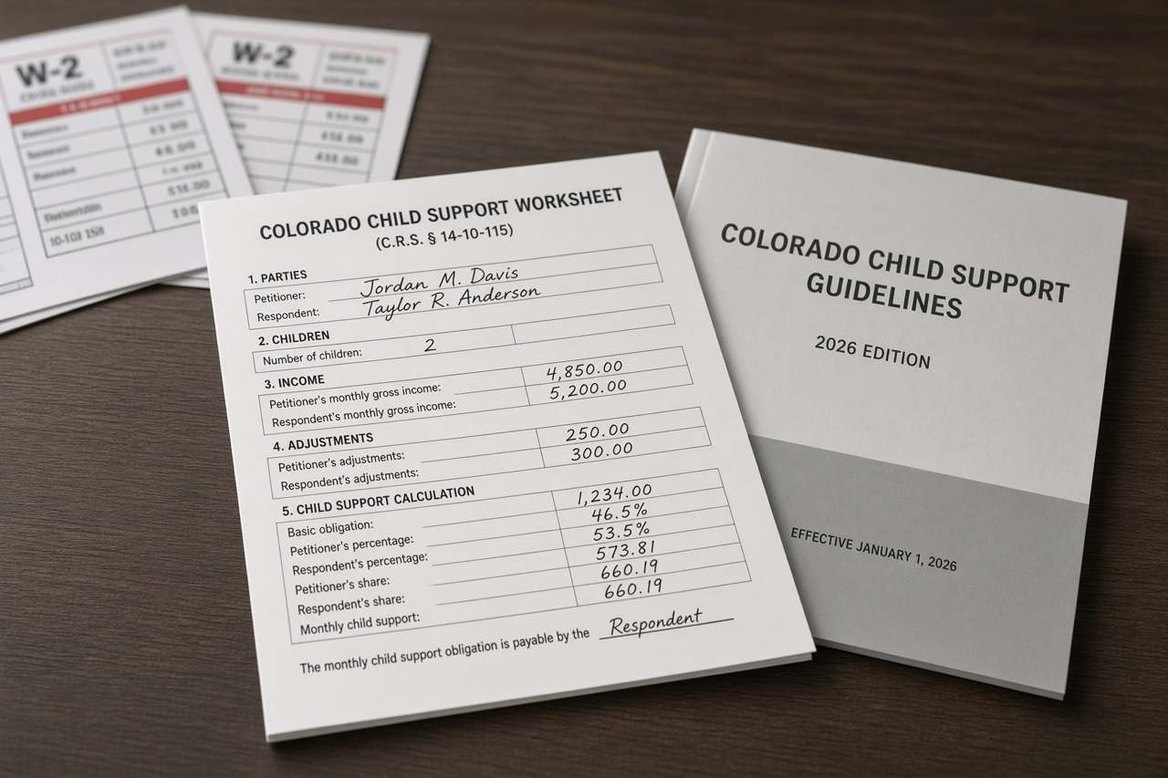 The 2026 Colorado child support guidelines and a support worksheet on a desk beside two W-2 forms