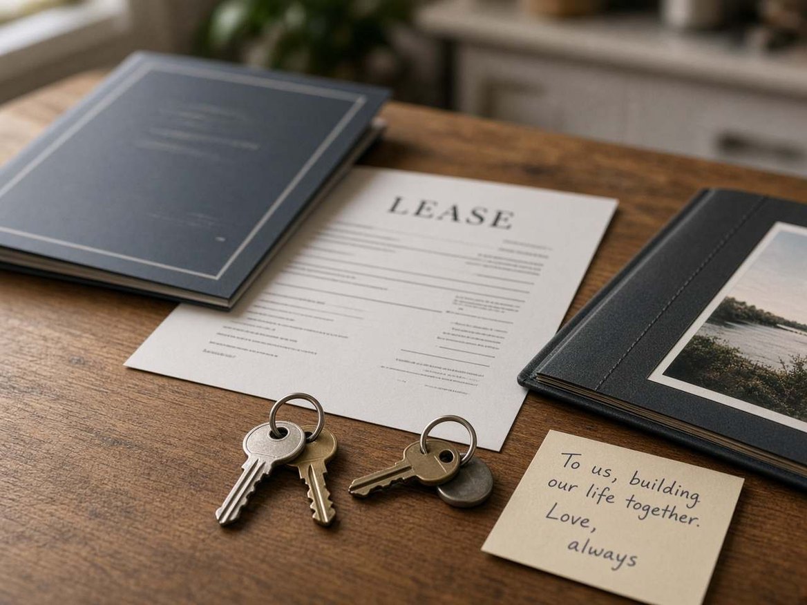 A lease, two sets of keys, a photo album and a handwritten note about building a life together, on a wooden table