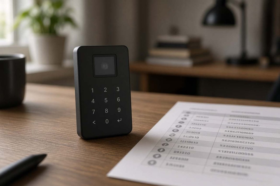 A hardware wallet beside a printed list of wallet addresses