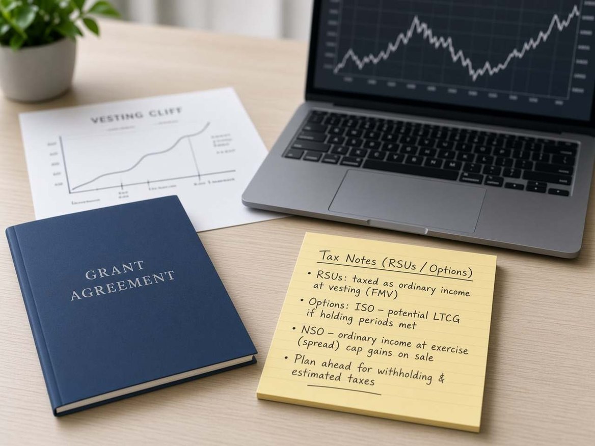 A grant agreement, a laptop showing a stock chart, and handwritten tax notes