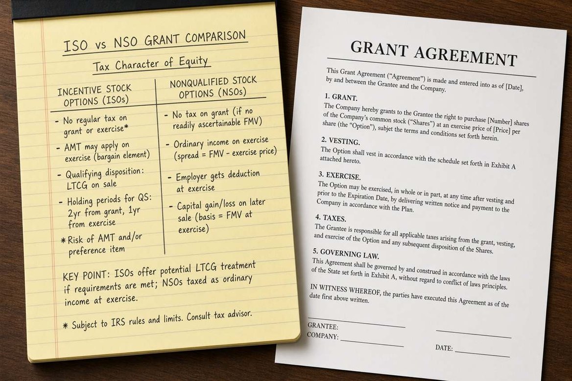 A handwritten comparison of ISO and NSO tax treatment beside a grant agreement