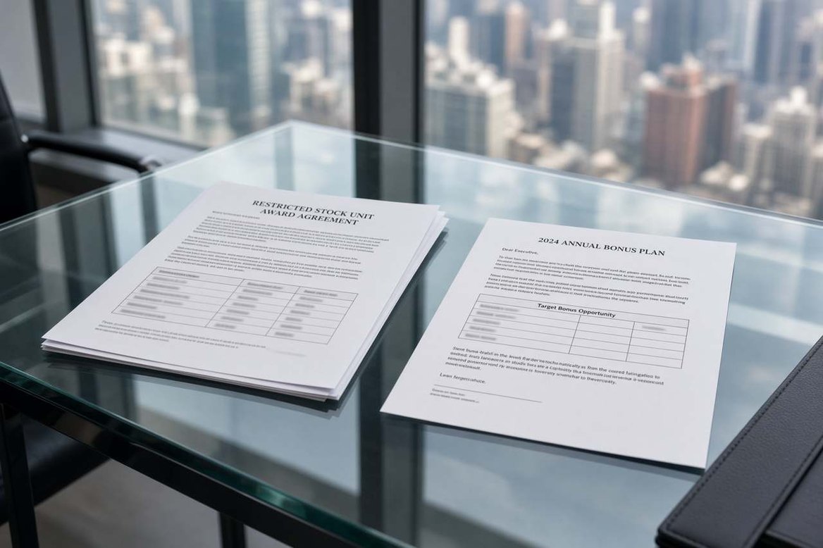 An unvested equity award schedule and grant documents on a glass desk