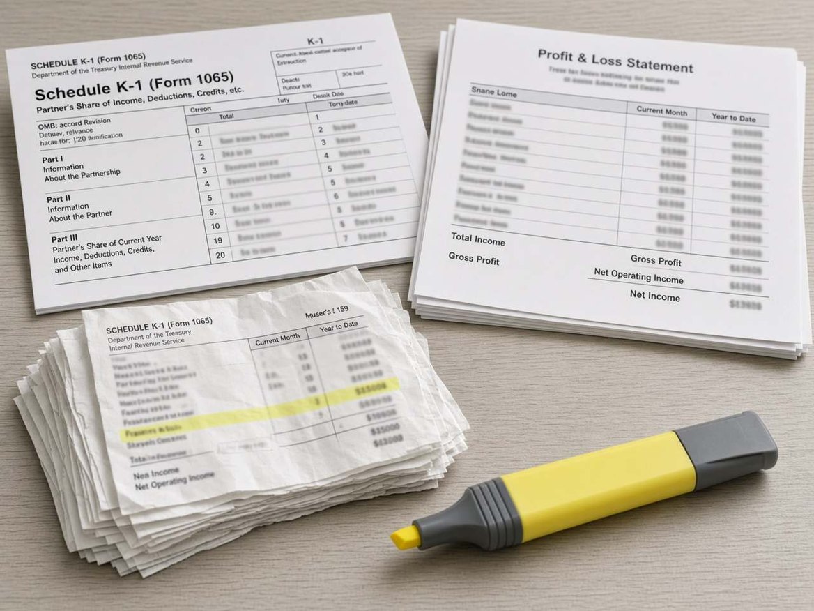 A K-1, a profit and loss statement and a stack of receipts with a highlighter