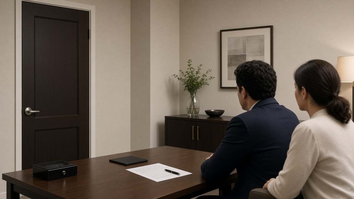 Two people seen from behind at a table in a quiet office, facing a closed door