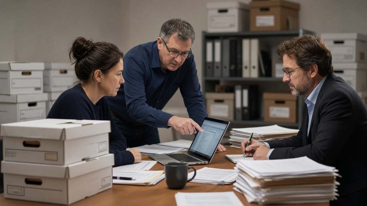 Two people reviewing records at a table stacked with boxes