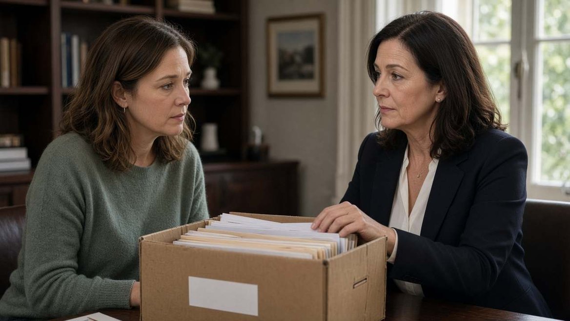 Two women at a table going through the first box of financial records