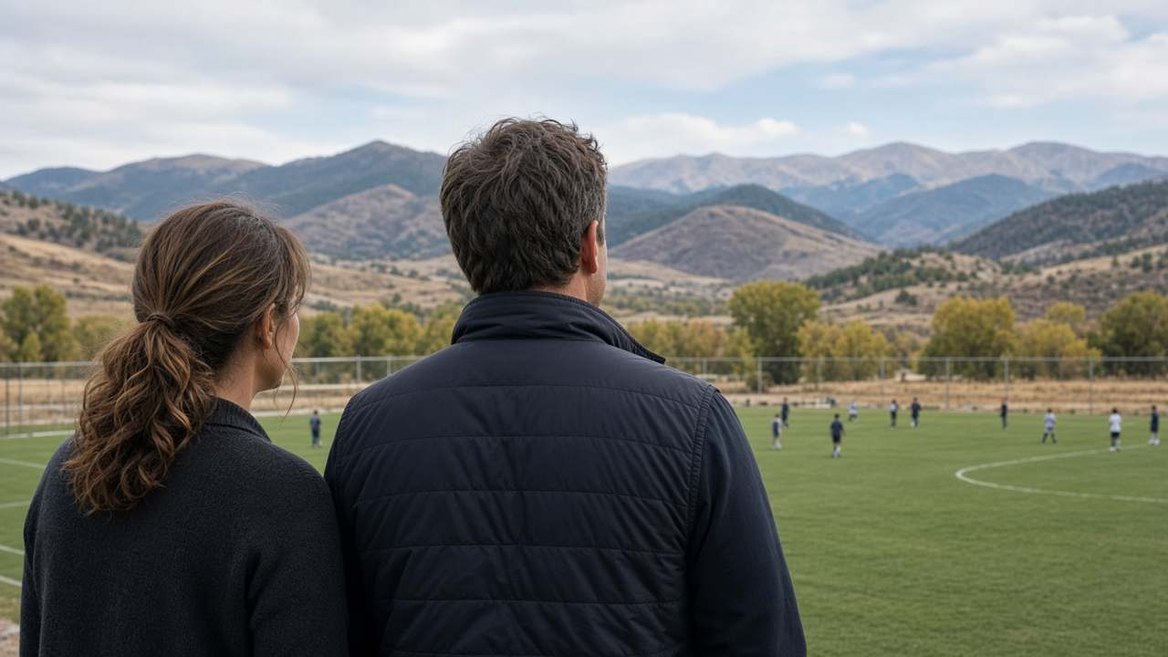 A man and a woman seen from behind, watching a youth soccer game with the foothills beyond