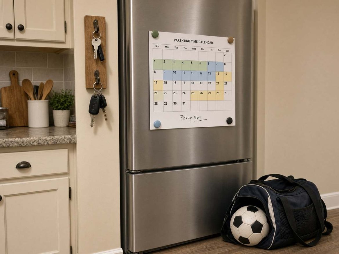A parenting-time calendar on a kitchen fridge with two house keys and a soccer bag