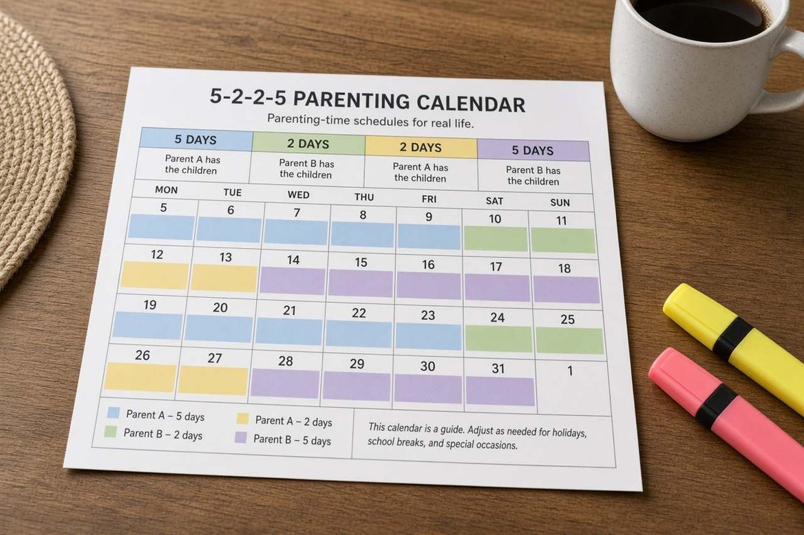 A printed 5-2-2-5 parenting calendar on a dining table