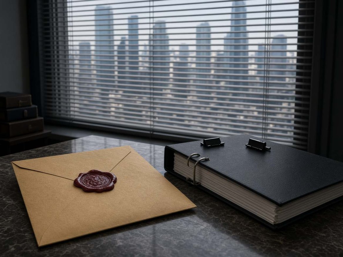 A kraft envelope closed with a red wax seal beside a black binder, window blinds drawn against a city skyline