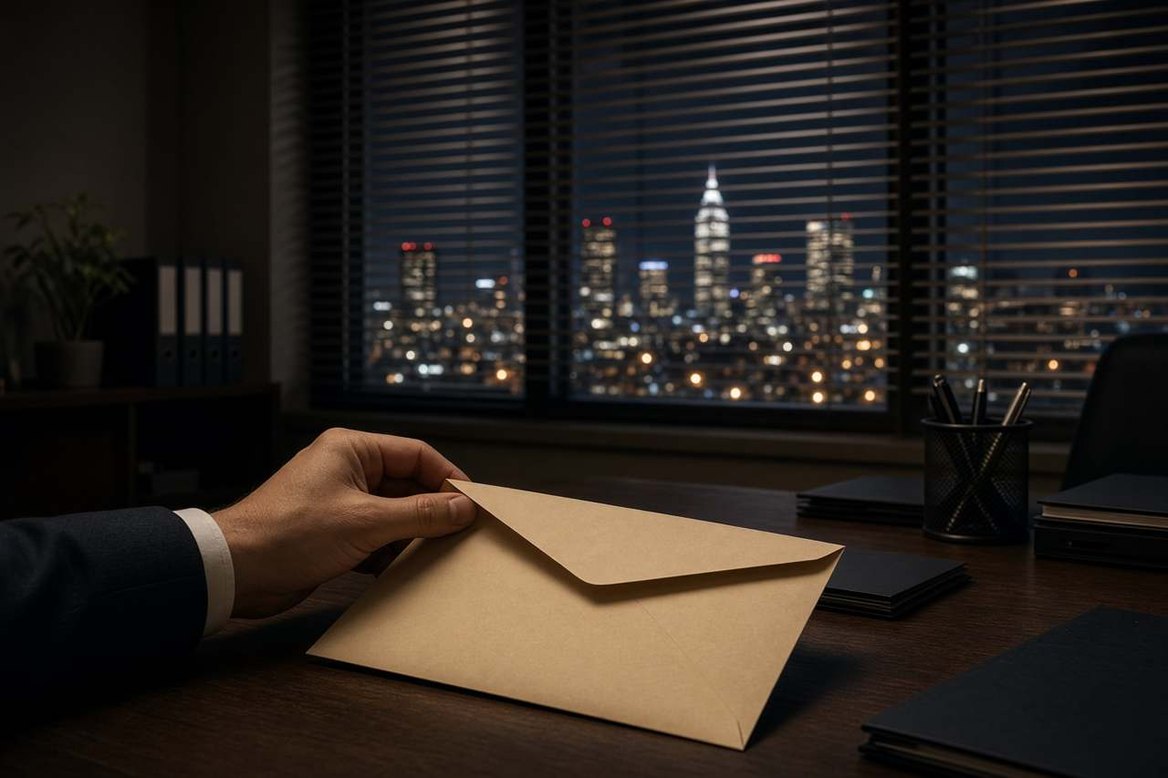 A hand holding a kraft envelope at a desk, window blinds half open onto a city at night
