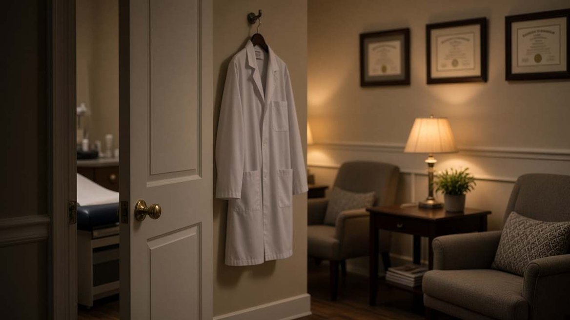 A white coat hanging on a door and framed diplomas on the wall of a medical office