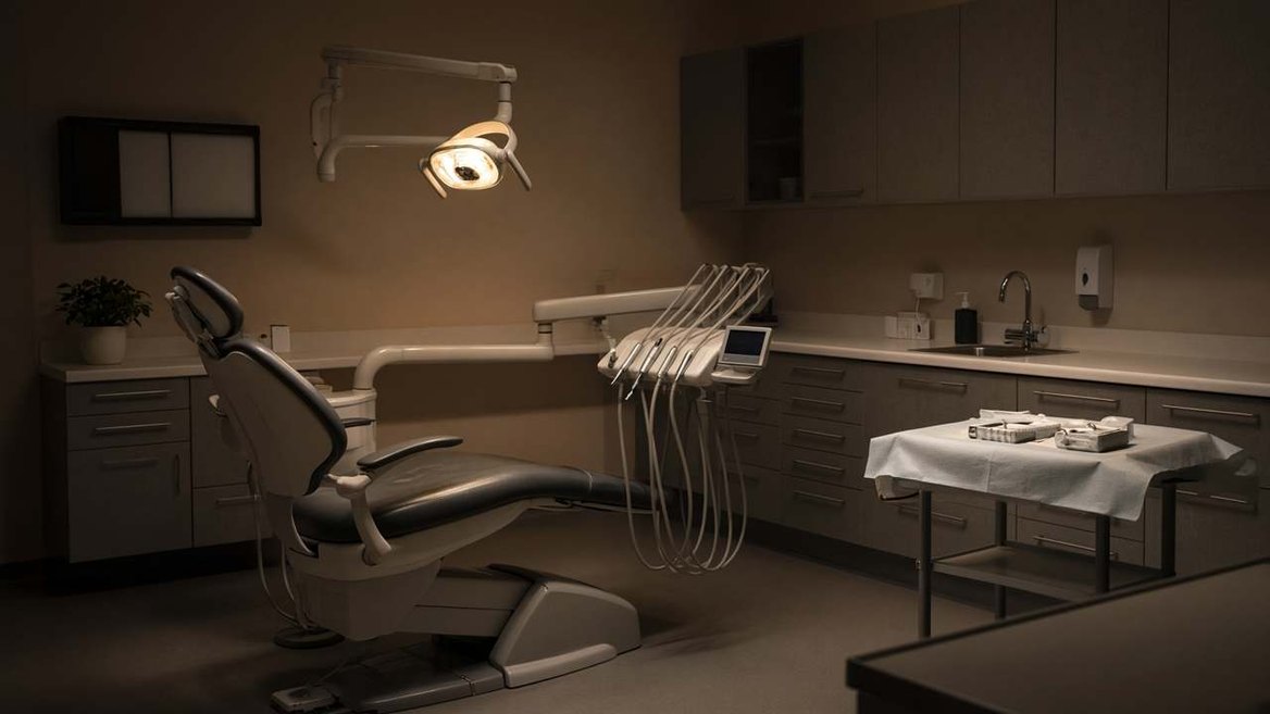 A dental operatory with the chair and light, empty