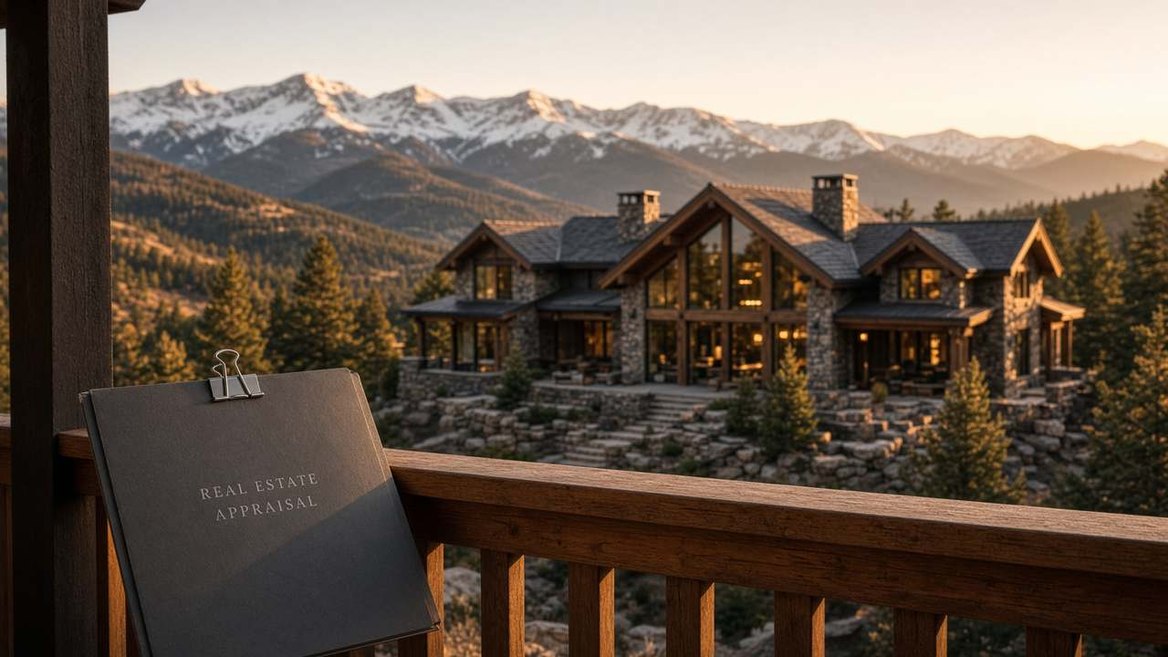 A Colorado foothills home at sunset, an appraisal on the railing