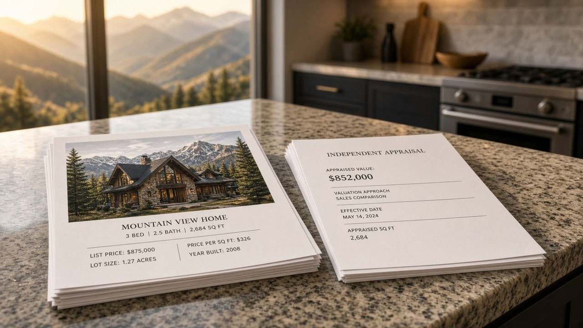 A residential listing packet and an appraisal on a kitchen island