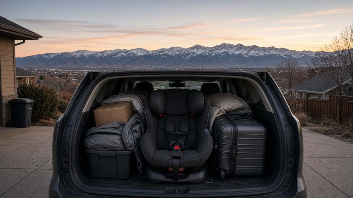 A packed car with a child’s seat, mountains at sunset