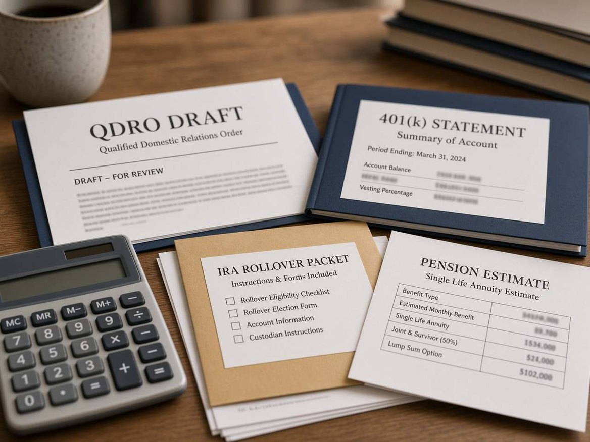 A draft QDRO, a 401(k) statement and a pension estimate on a desk