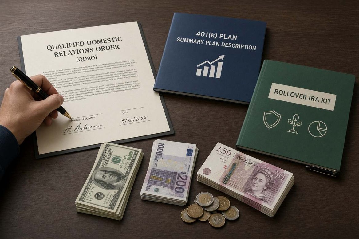A hand signing a QDRO beside a 401(k) plan summary