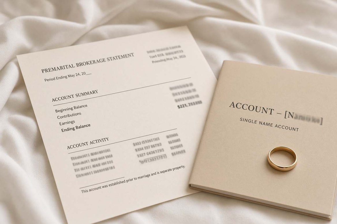 A premarital brokerage statement beside a single-name account folder with a gold wedding band resting on it