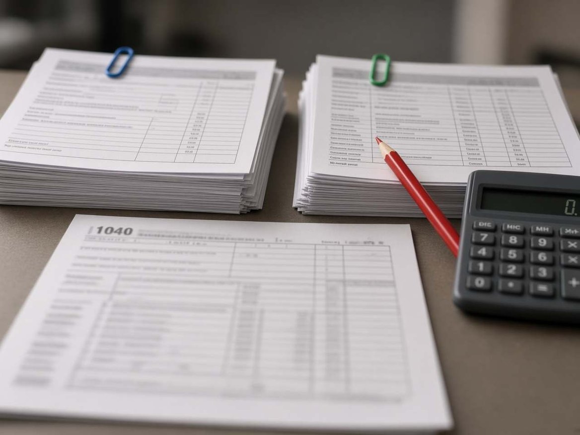 Two columns of settlement papers, a 1040 and a calculator