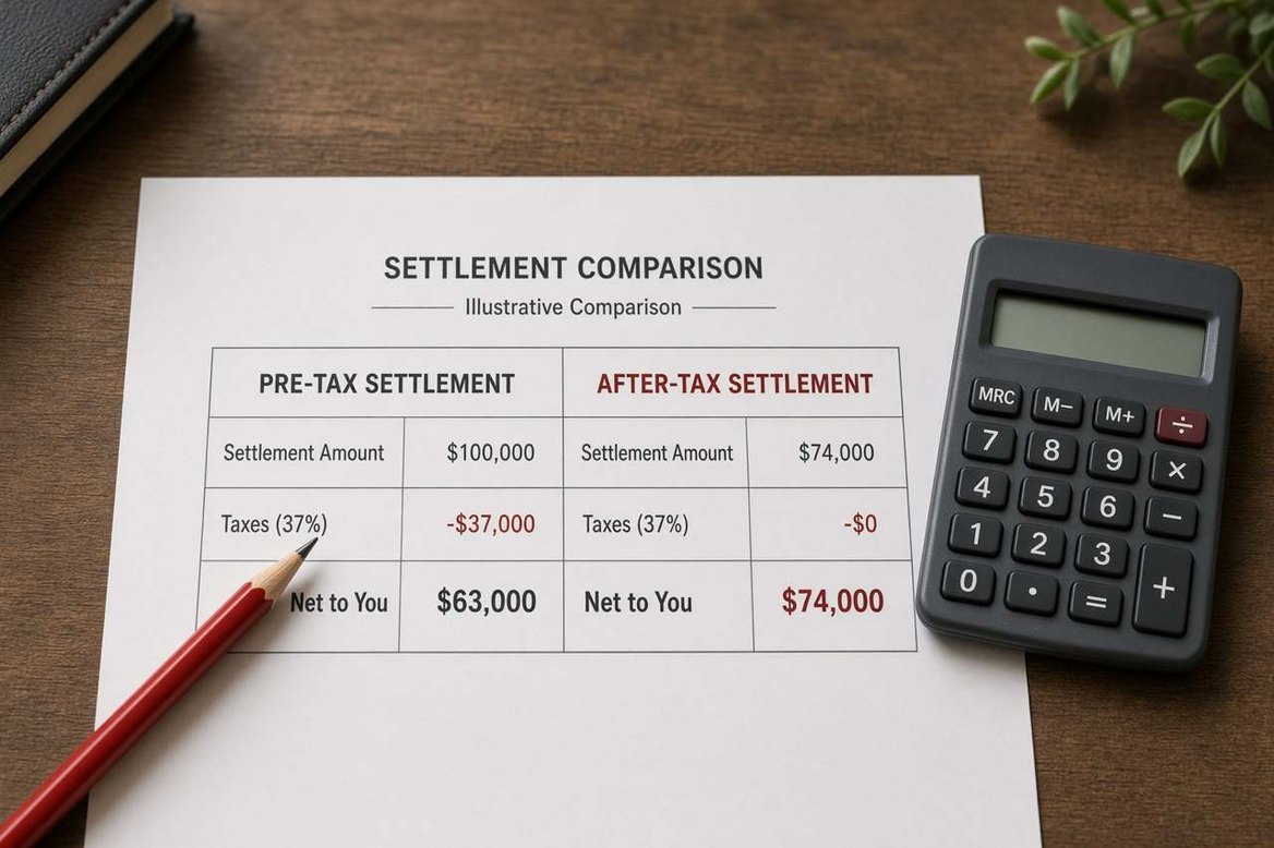 A worksheet comparing pre-tax and after-tax settlement columns