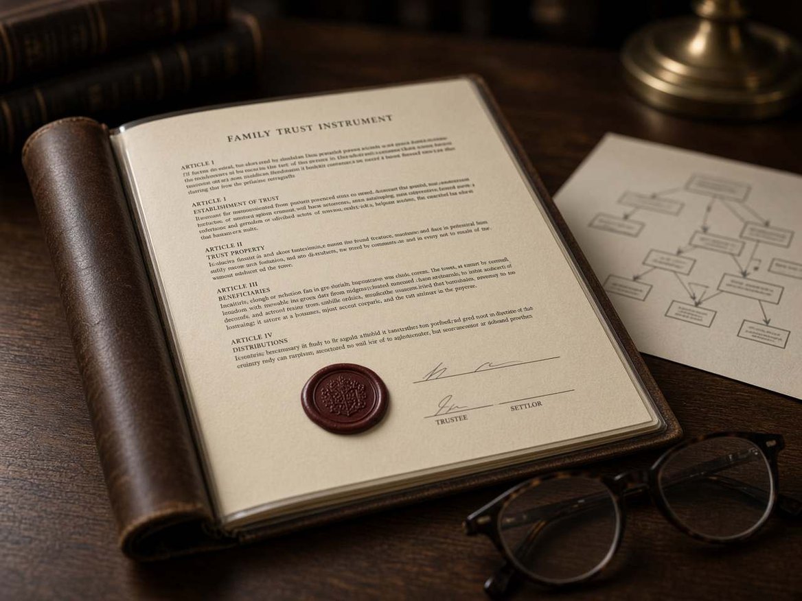 An open family trust instrument on a lawyer&rsquo;s desk, a wax seal beside it
