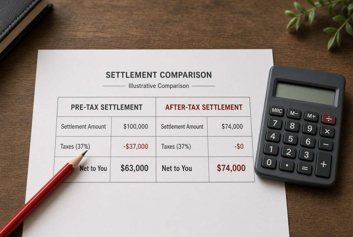 A settlement comparison sheet with pre-tax and after-tax columns