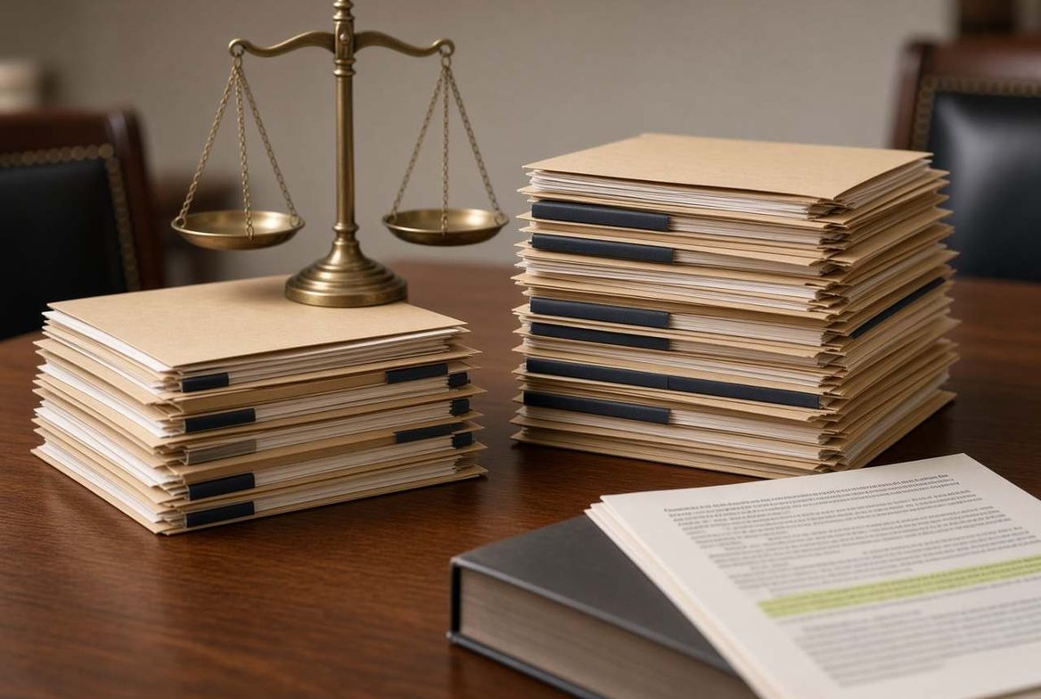 A brass scale beside stacks of files on a conference table