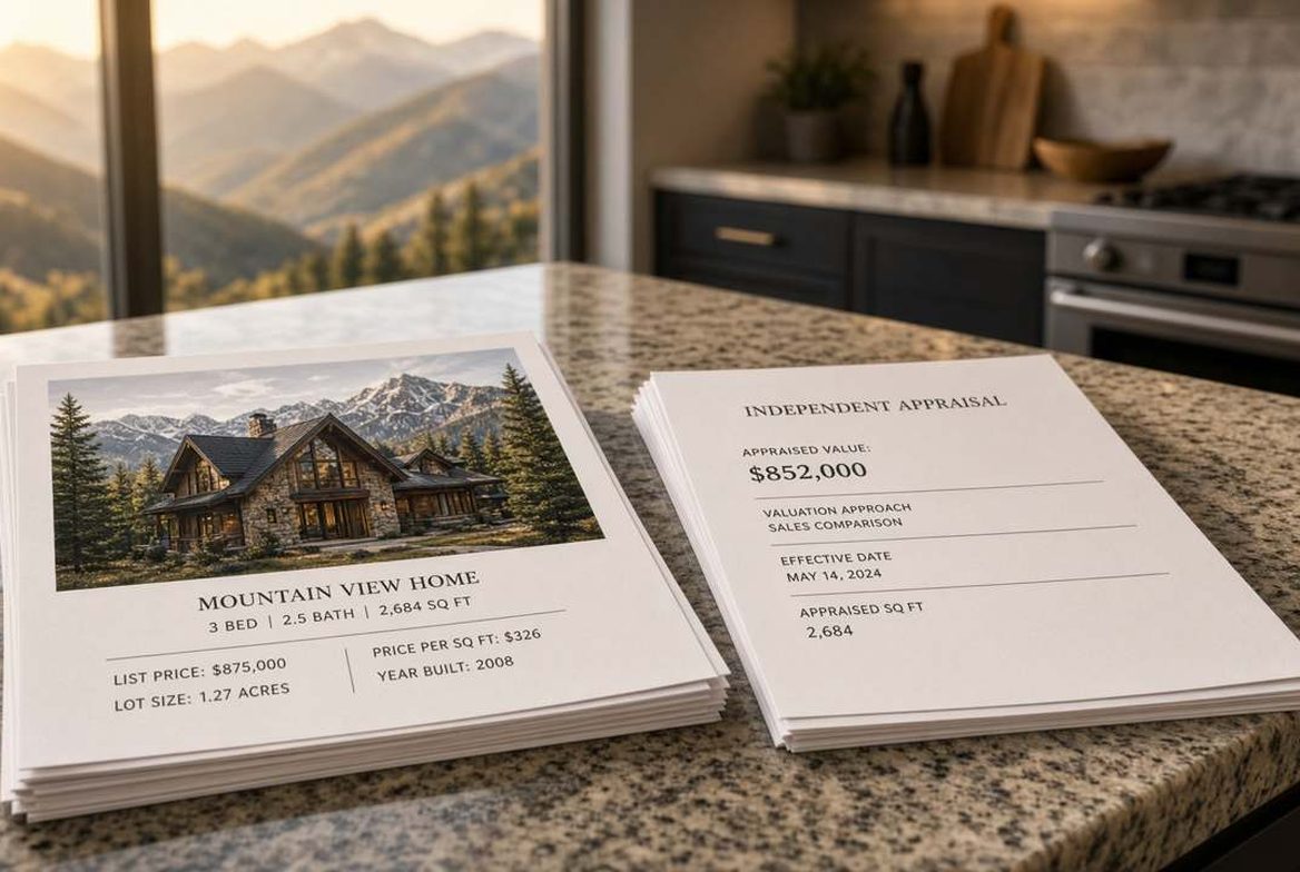 A listing packet and an appraisal on a kitchen counter