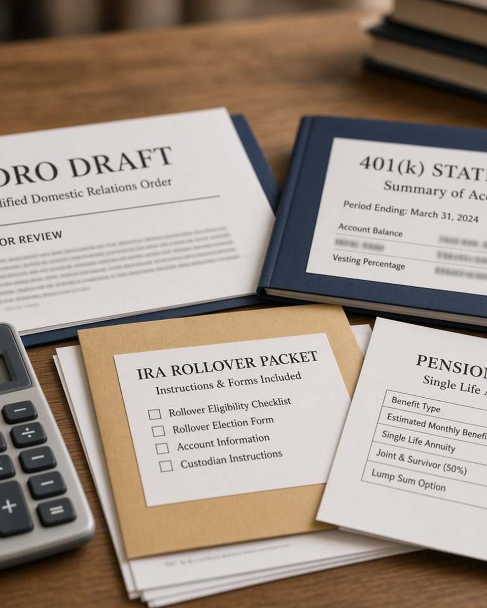 A QDRO draft beside a 401(k) statement