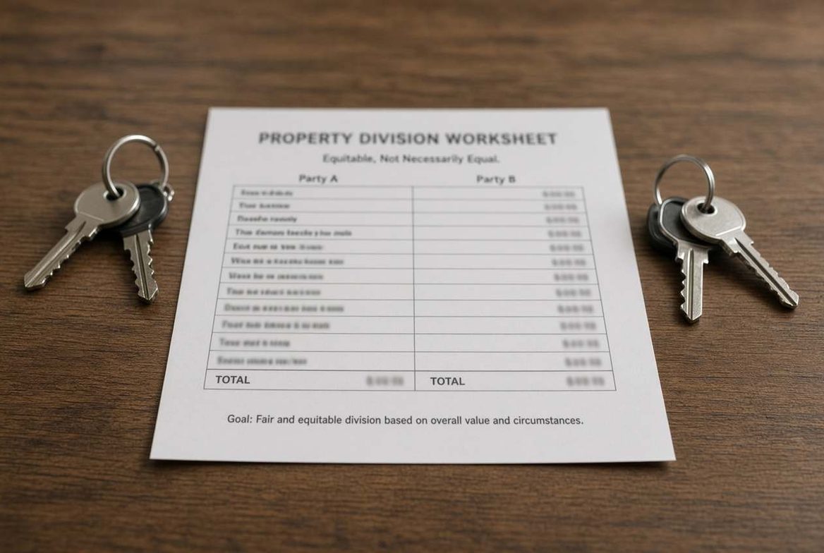 A property division worksheet on a desk with two sets of house keys