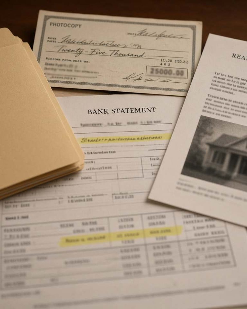 A folder of statements, a bank statement and an appraisal, one line highlighted