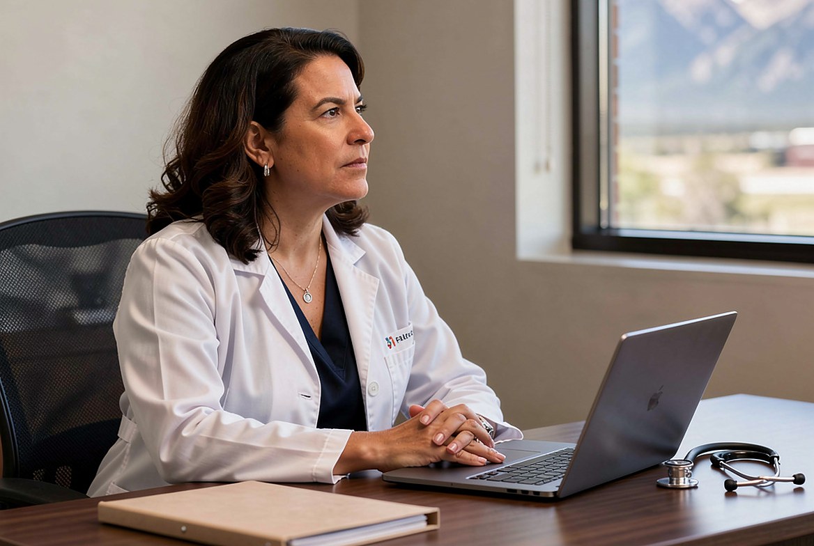 A physician in her white coat at her clinic office desk, a laptop and a stethoscope in front of her, the mountains in the window