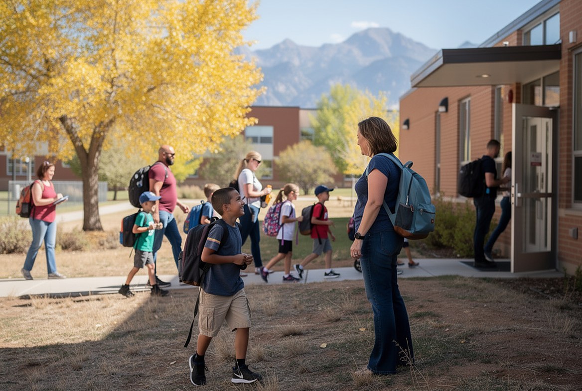 A mother greeting her son outside his school at pickup, other families on the sidewalk, the cottonwoods yellow and the mountains behind