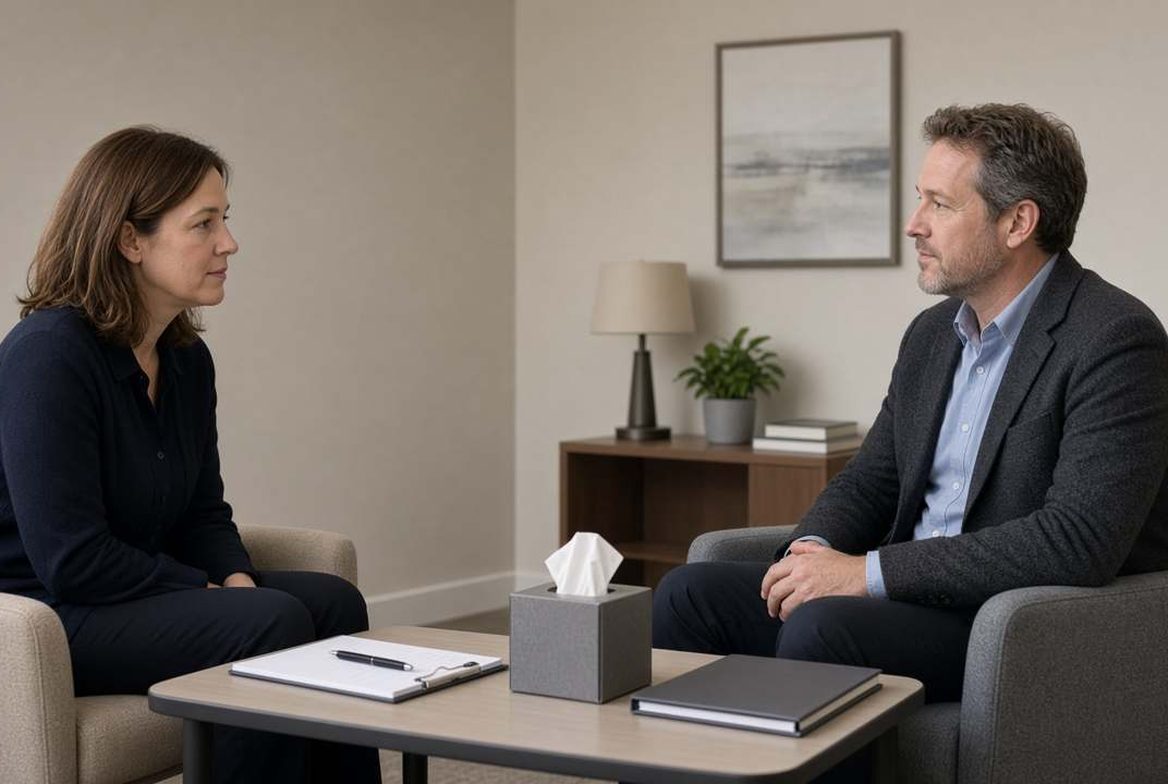 A Child and Family Investigator interviewing a parent in a neutral office
