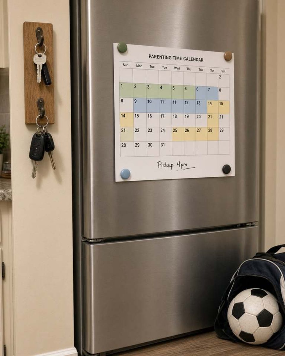 A color-coded family calendar on a refrigerator, two house keys beside it