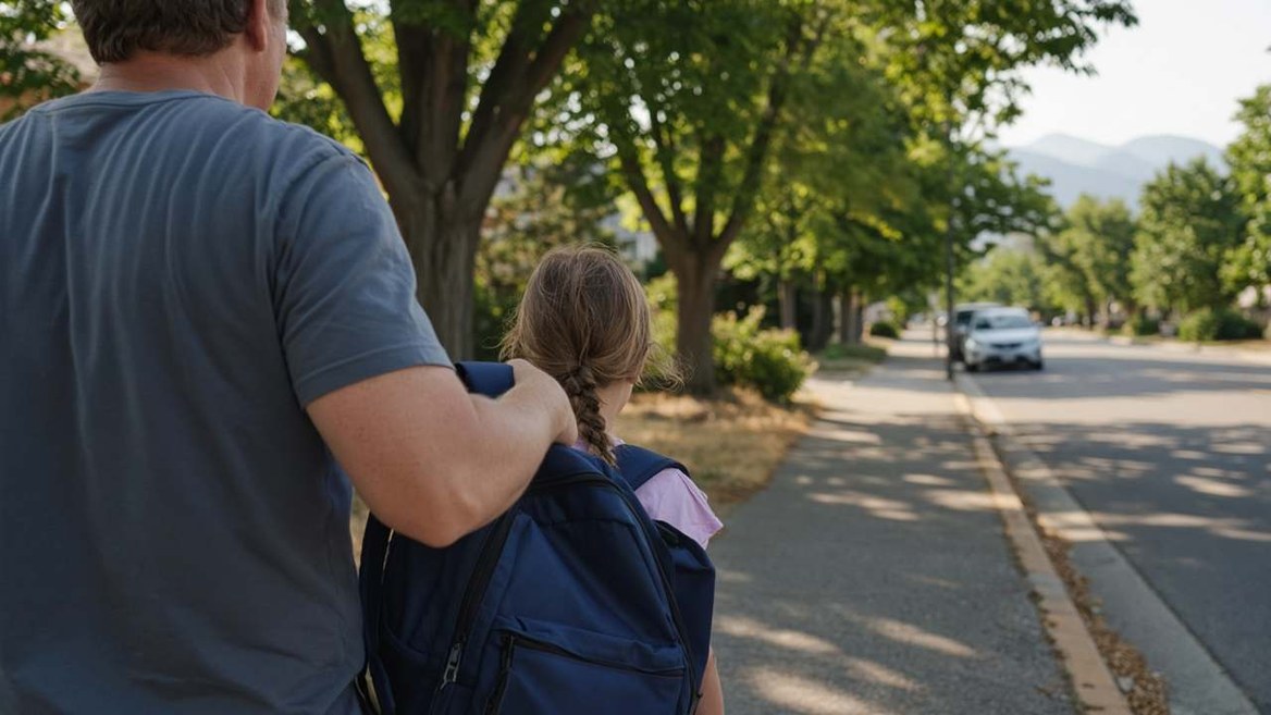 A parent walking a child with a backpack along a tree-lined street toward school