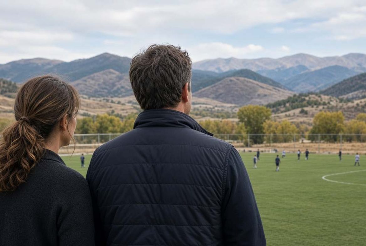 Two parents watching a youth soccer game, foothills behind