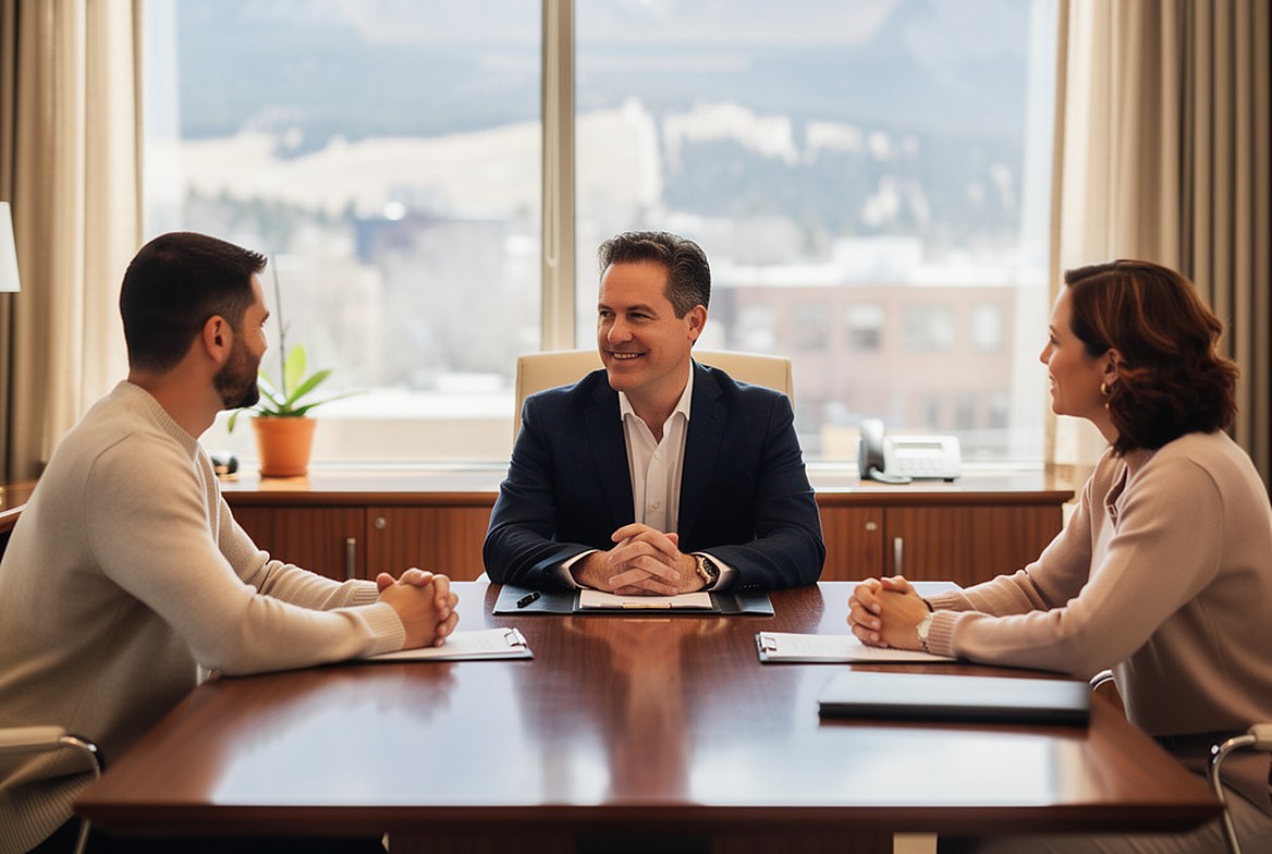 An engaged couple at a conference table with their lawyer between them, the mountains in the window