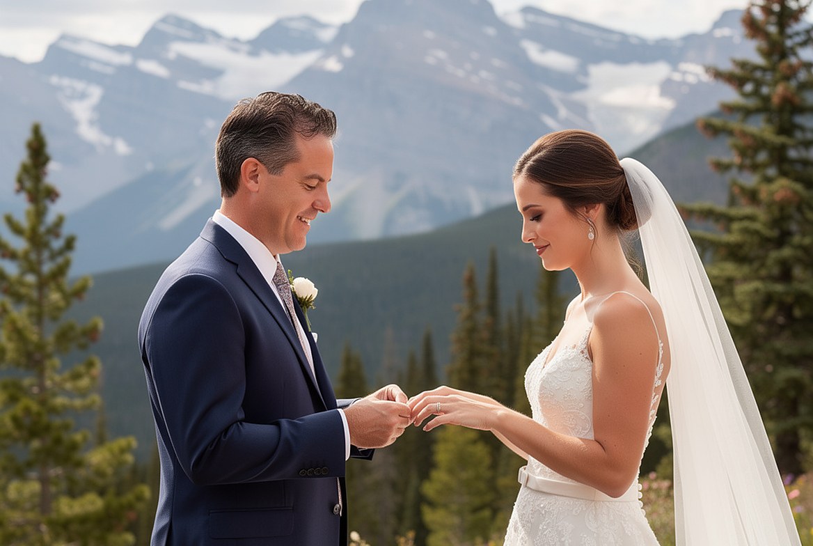 A bride and groom exchanging rings on a mountainside, the peaks behind them