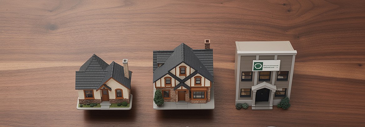 Three model buildings on a walnut table: a small house, a larger house and an office building