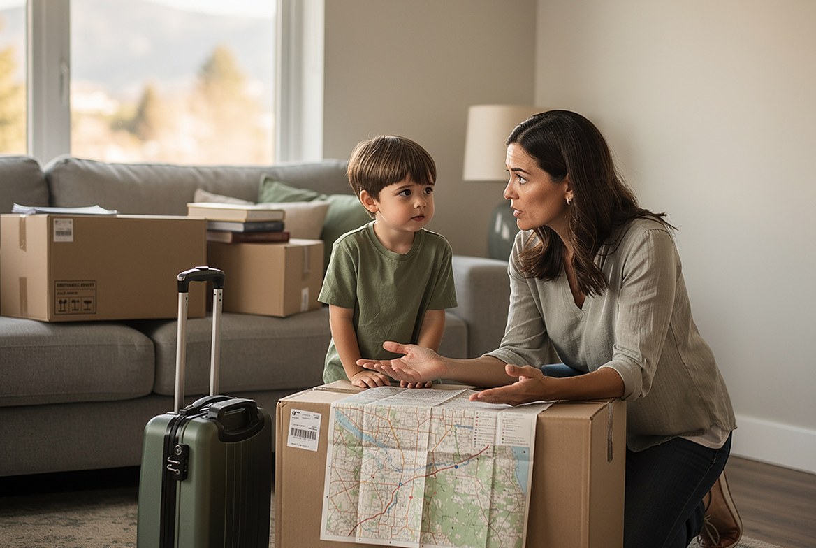 A mother kneeling beside a moving box with a road map spread across it, talking with her young son, a suitcase and packed boxes behind them