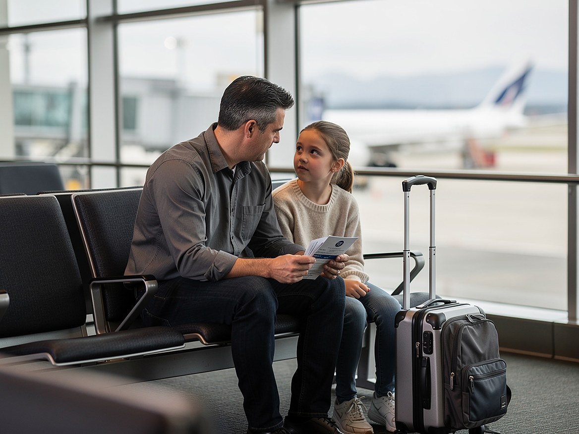 A father and his daughter at an airport gate with a boarding pass and a carry-on, a plane at the window behind them