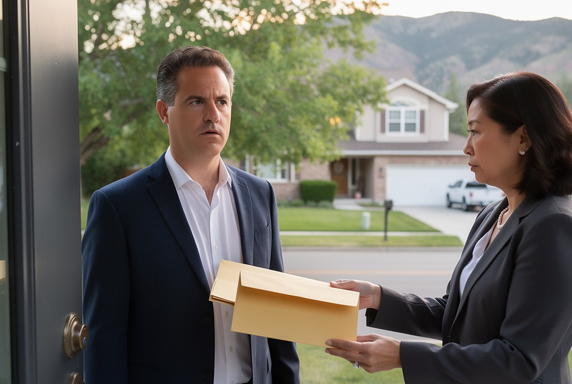 A man at his open front door being handed a large envelope by a process server, the neighborhood and the foothills behind her