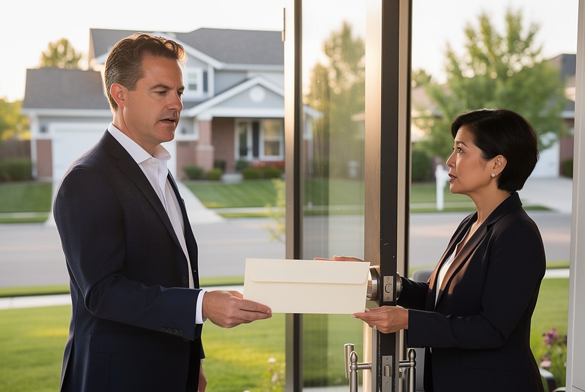 A man at his front door taking a sealed envelope from a process server at dusk, the neighborhood behind her